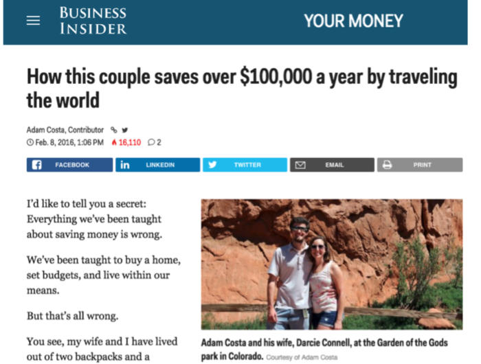 Back in 2016 our unique lifestyle got featured in Business Insider, and how we saved $100,000 a year traveling the world. You'll learn how we did it by the end of this guide.